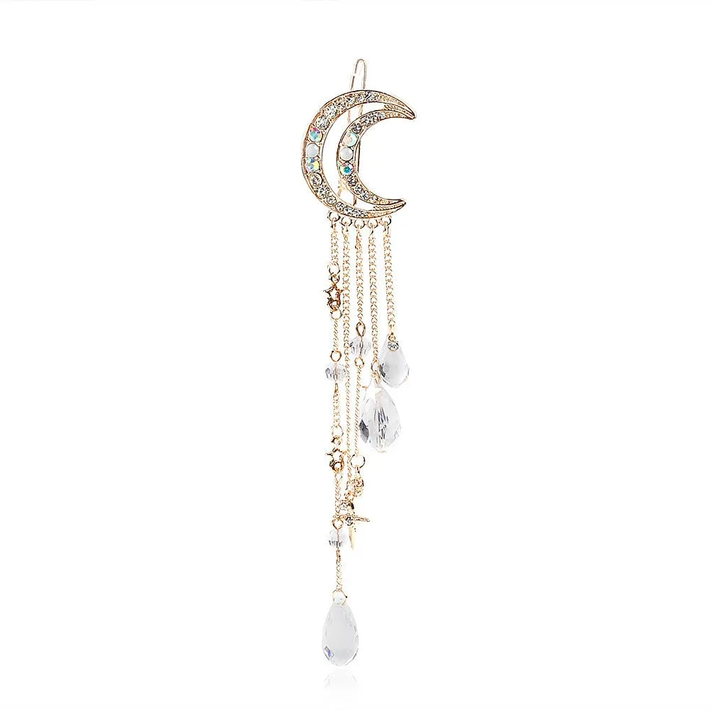 Romantic Rhinestone Crescent Moon Star Crystal Hairpin