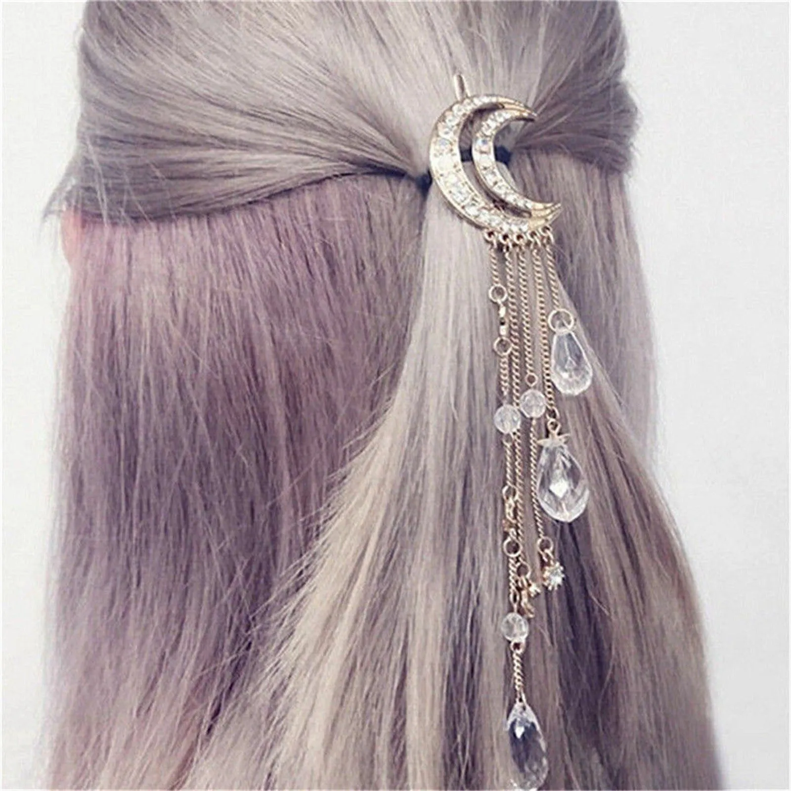 Romantic Rhinestone Crescent Moon Star Crystal Hairpin