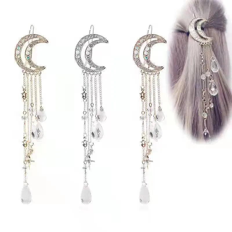 Romantic Rhinestone Crescent Moon Star Crystal Hairpin