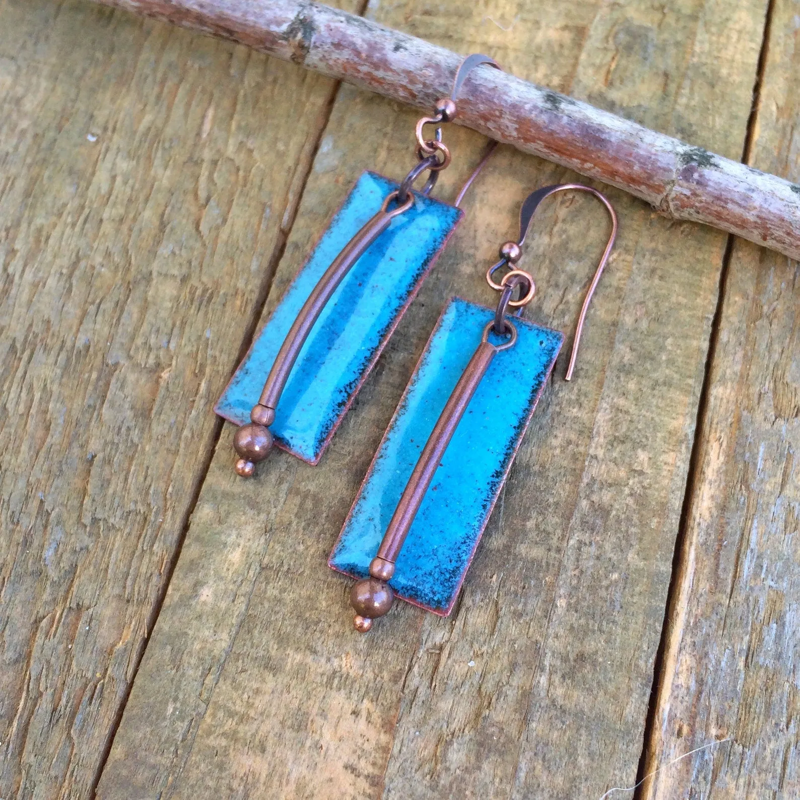 Rustic Blue Enameled Earrings with Copper Accents