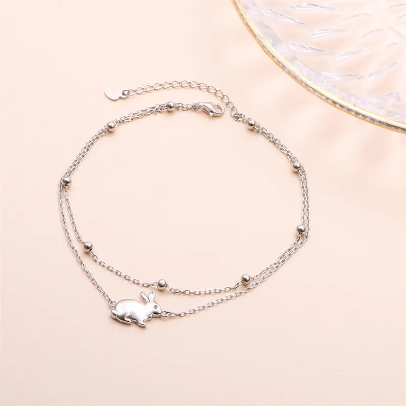 S925 Sterling Silver Adjustable Foot Beaded Rabbit Anklet Bracelet Anklets Jewelry