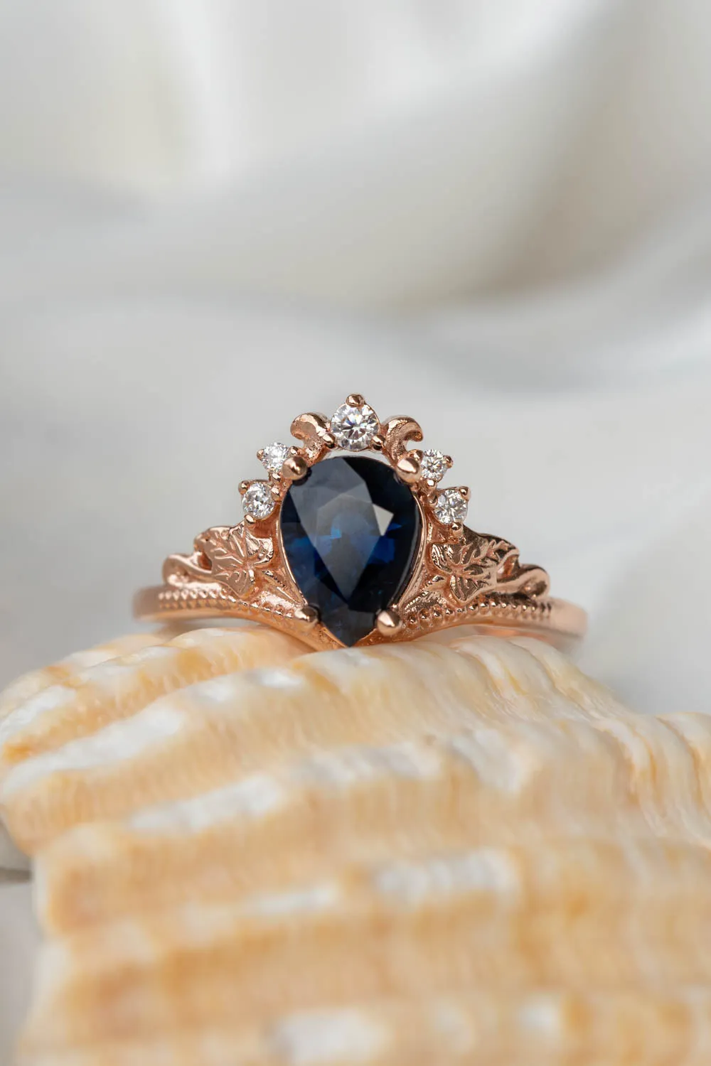 Sapphire engagement ring with diamonds, crown shape ring with real sapphire / Ariadne