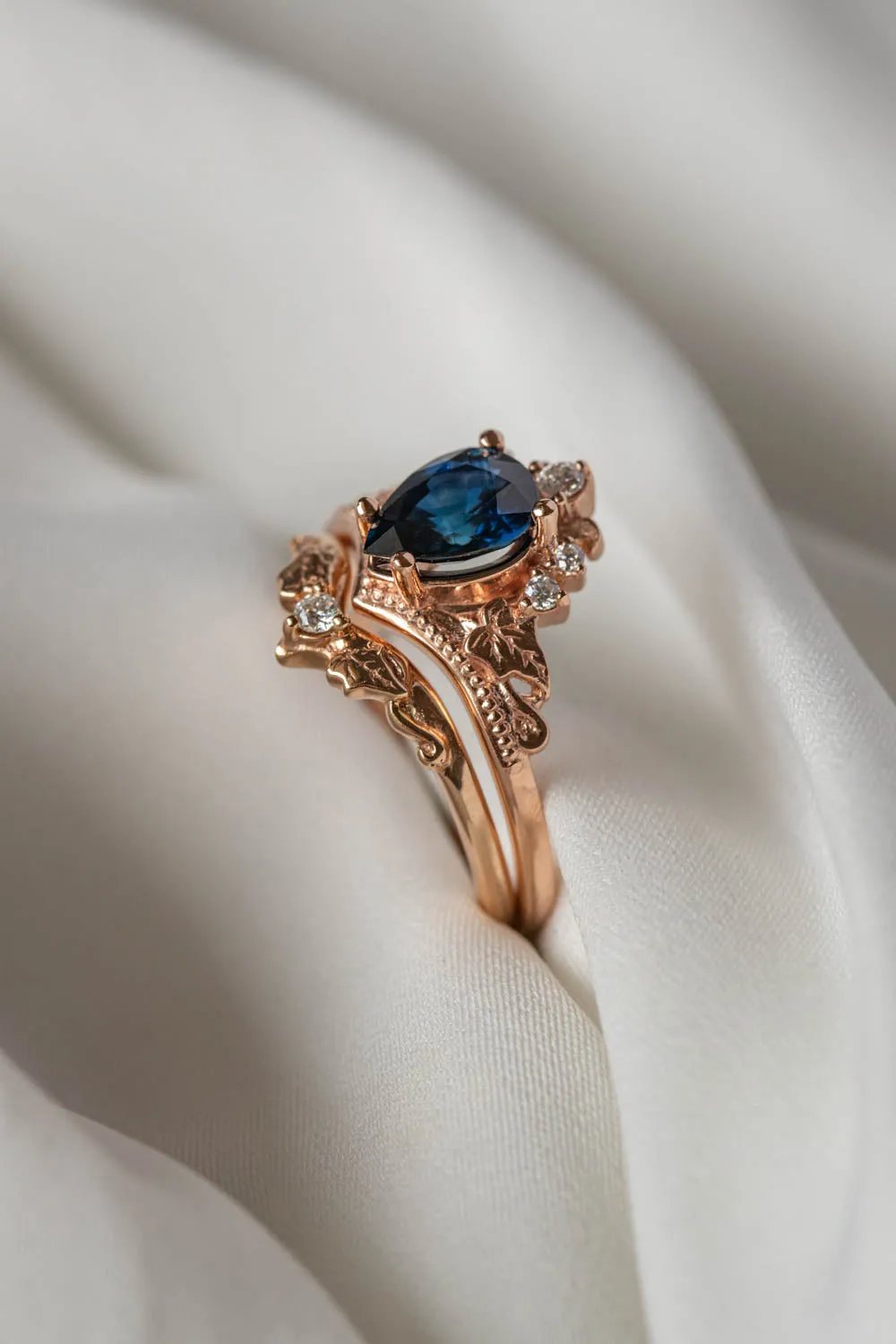 Sapphire engagement ring with diamonds, crown shape ring with real sapphire / Ariadne