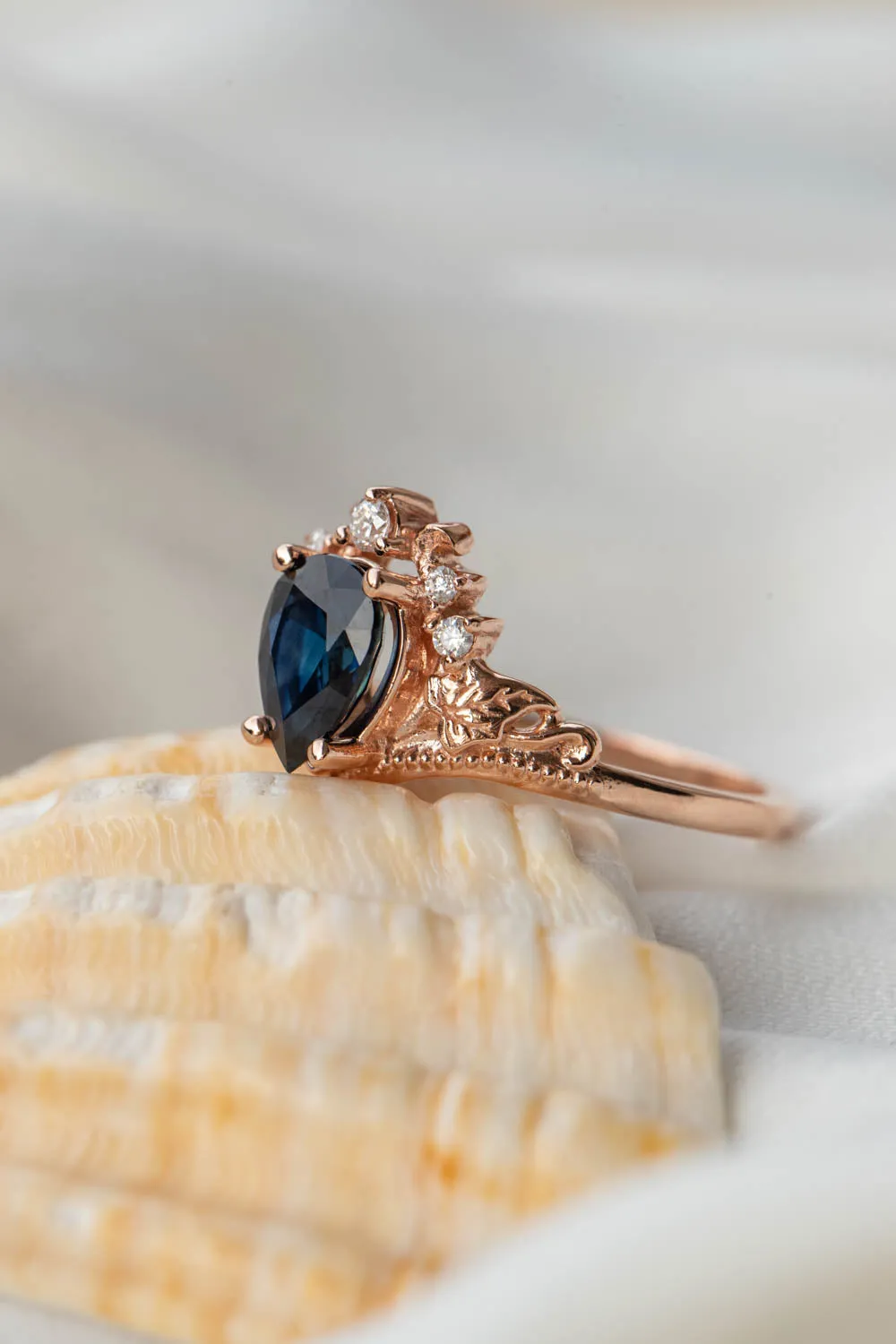 Sapphire engagement ring with diamonds, crown shape ring with real sapphire / Ariadne