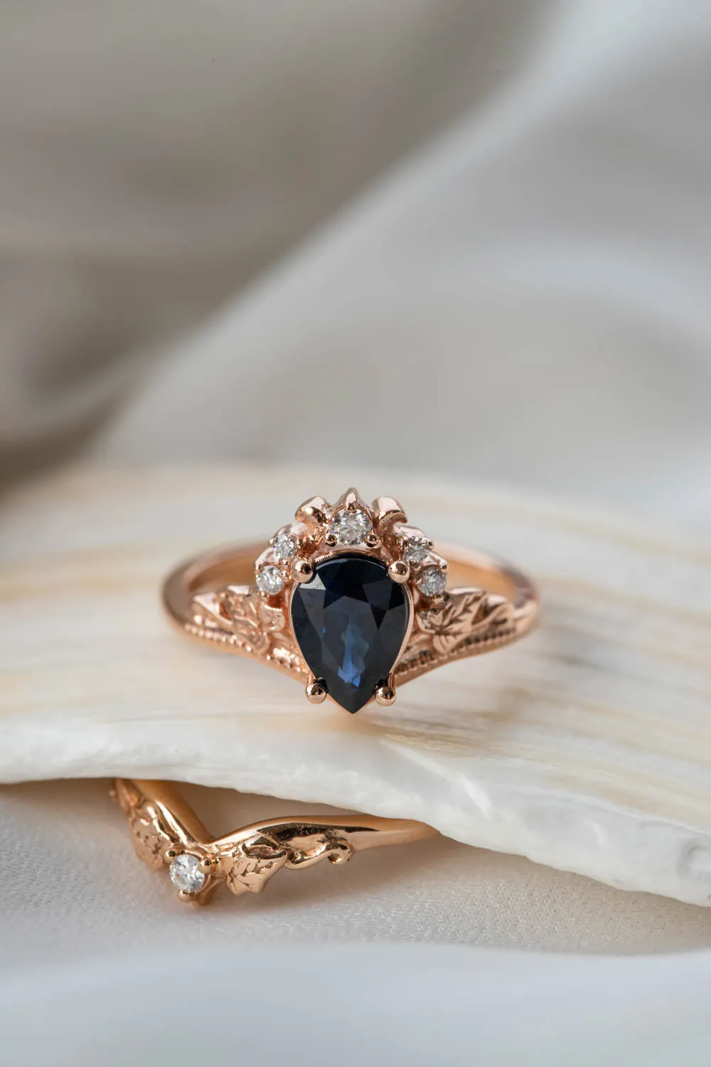 Sapphire engagement ring with diamonds, crown shape ring with real sapphire / Ariadne