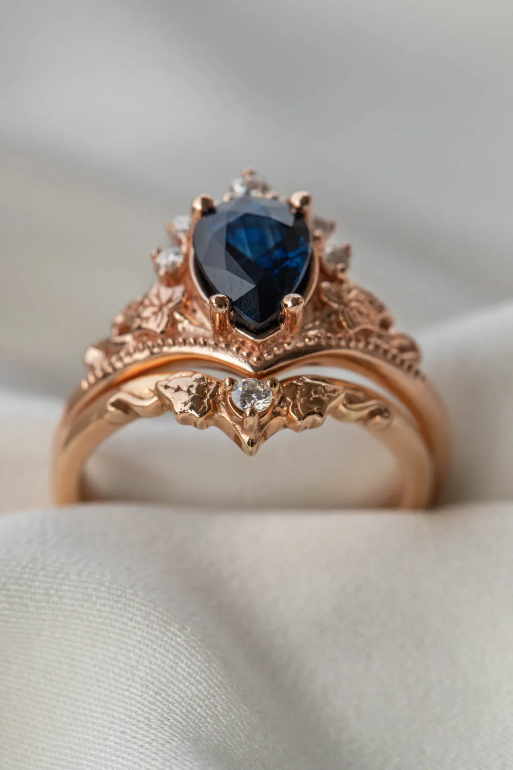 Sapphire engagement ring with diamonds, crown shape ring with real sapphire / Ariadne