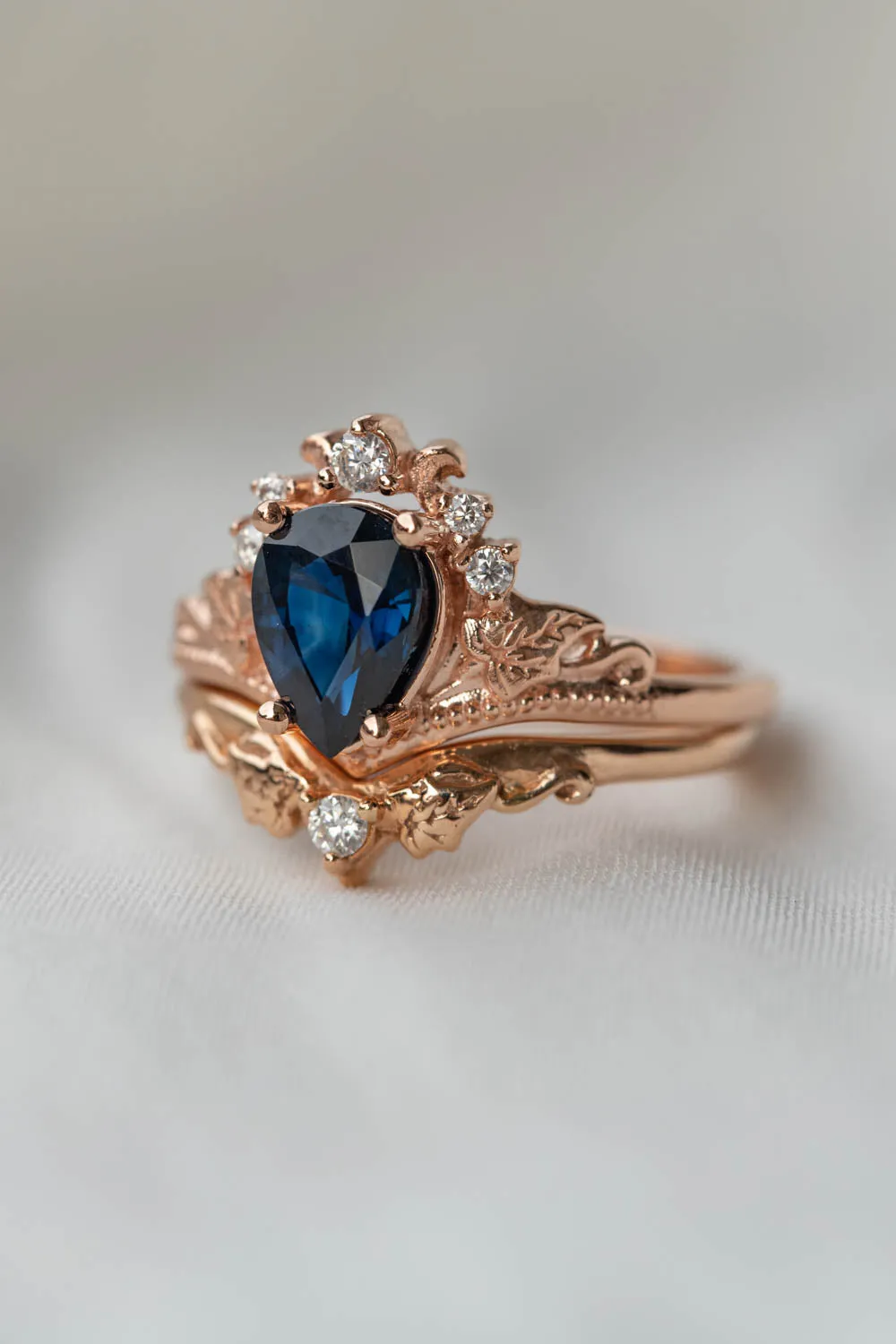 Sapphire engagement ring with diamonds, crown shape ring with real sapphire / Ariadne