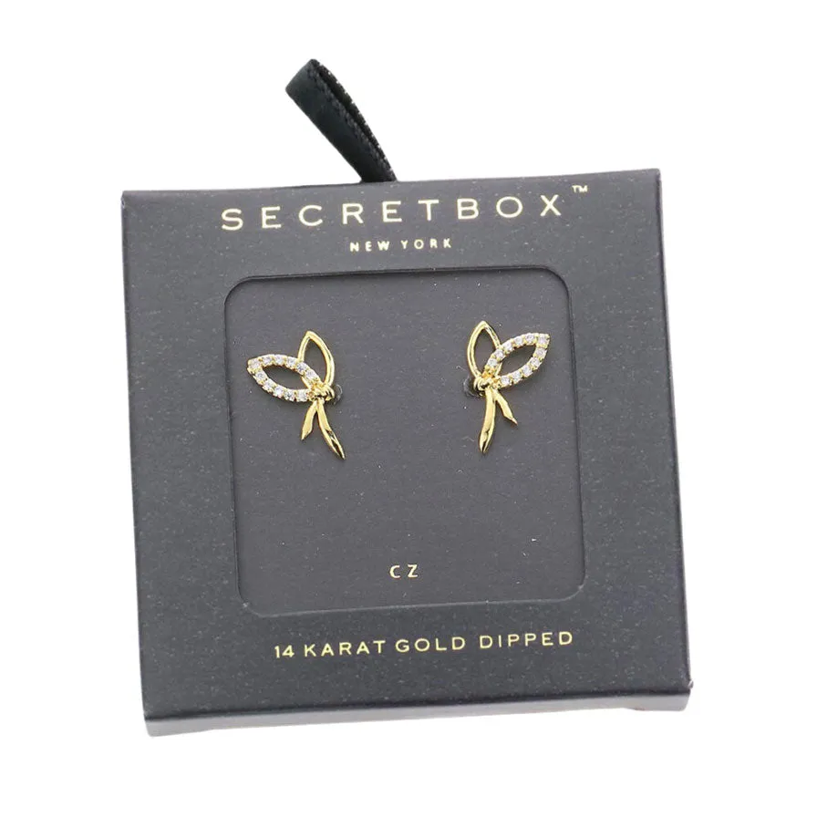 Secret Box 14K Gold Dipped CZ Embellished Metal Bow Earrings