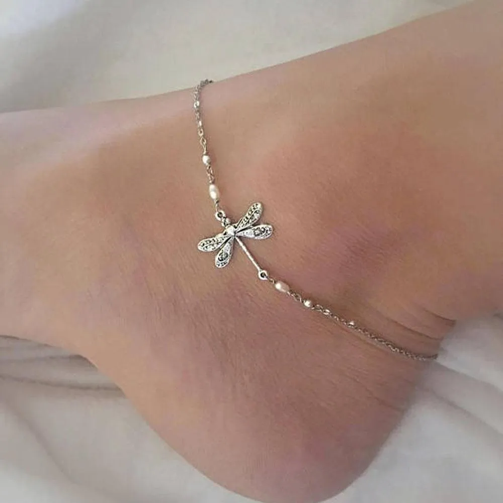 Silver Dragonfly Anklet Adjustable little Dragonfly Jewelry Summer Gift S925 Sterling Silver