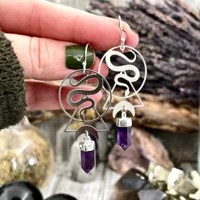 Snake and Amethyst Moon Earrings Sterling Silver & Stainless Steel Purple Stone Earrings /