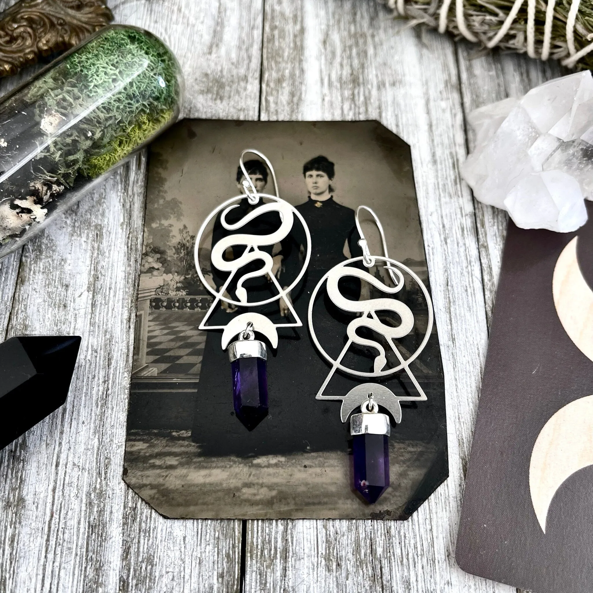 Snake and Amethyst Moon Earrings Sterling Silver & Stainless Steel Purple Stone Earrings /