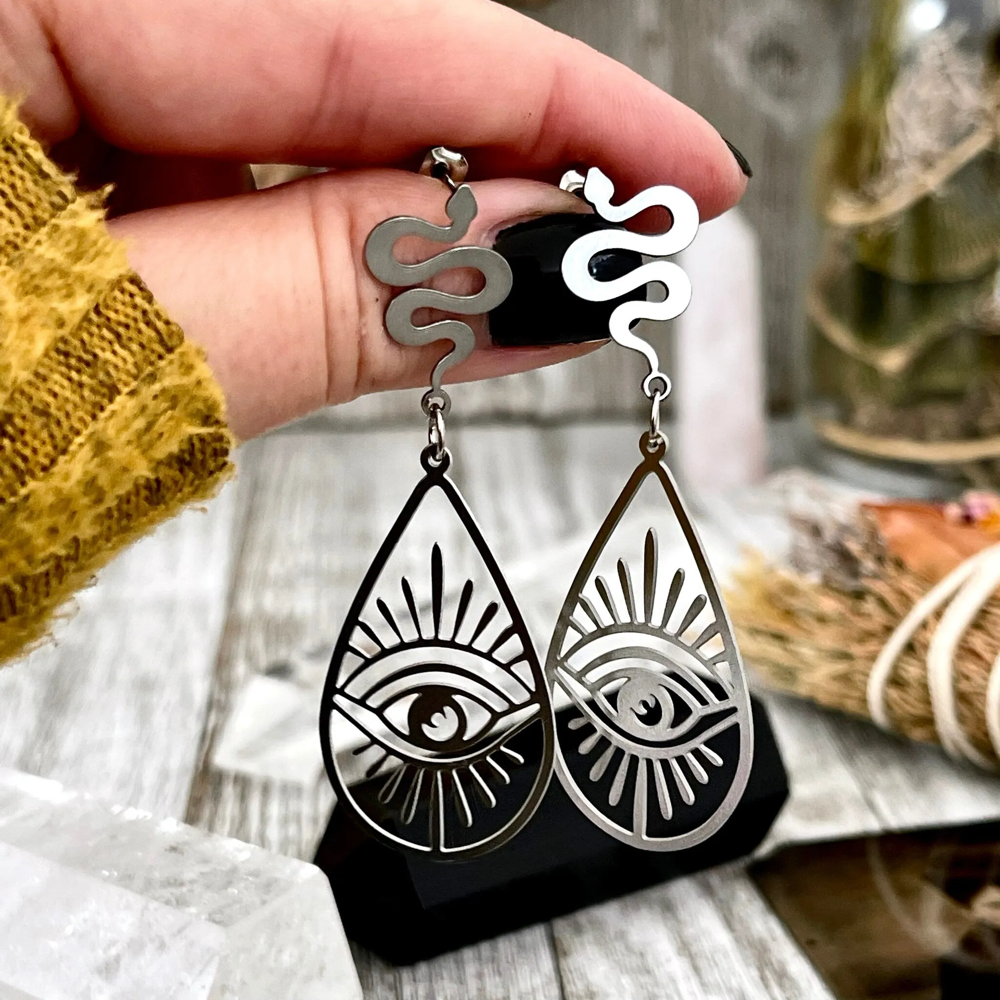 Snake and Geometric Eye Stainless Steel Earrings /  Cutout Earrings  - Long Dangly Geometric Earrings