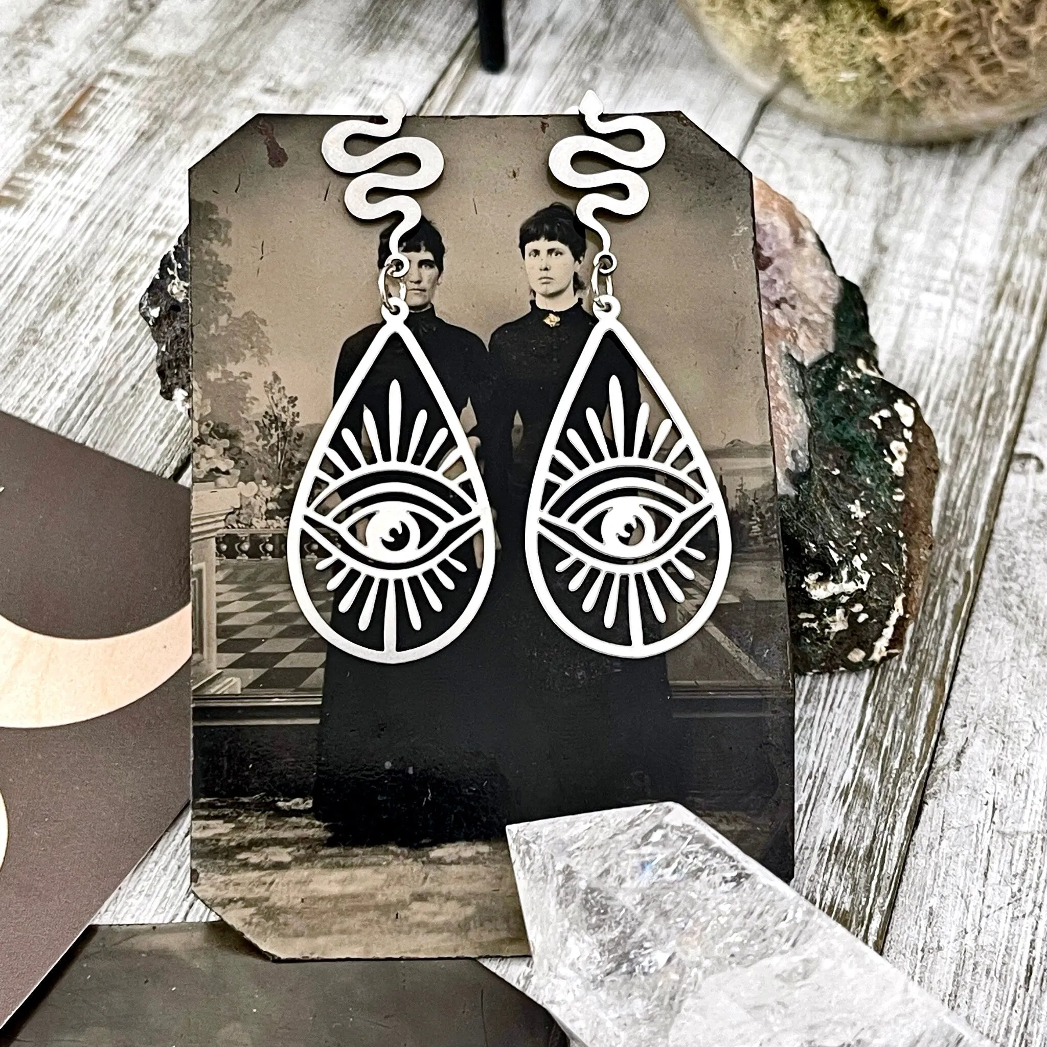 Snake and Geometric Eye Stainless Steel Earrings /  Cutout Earrings  - Long Dangly Geometric Earrings