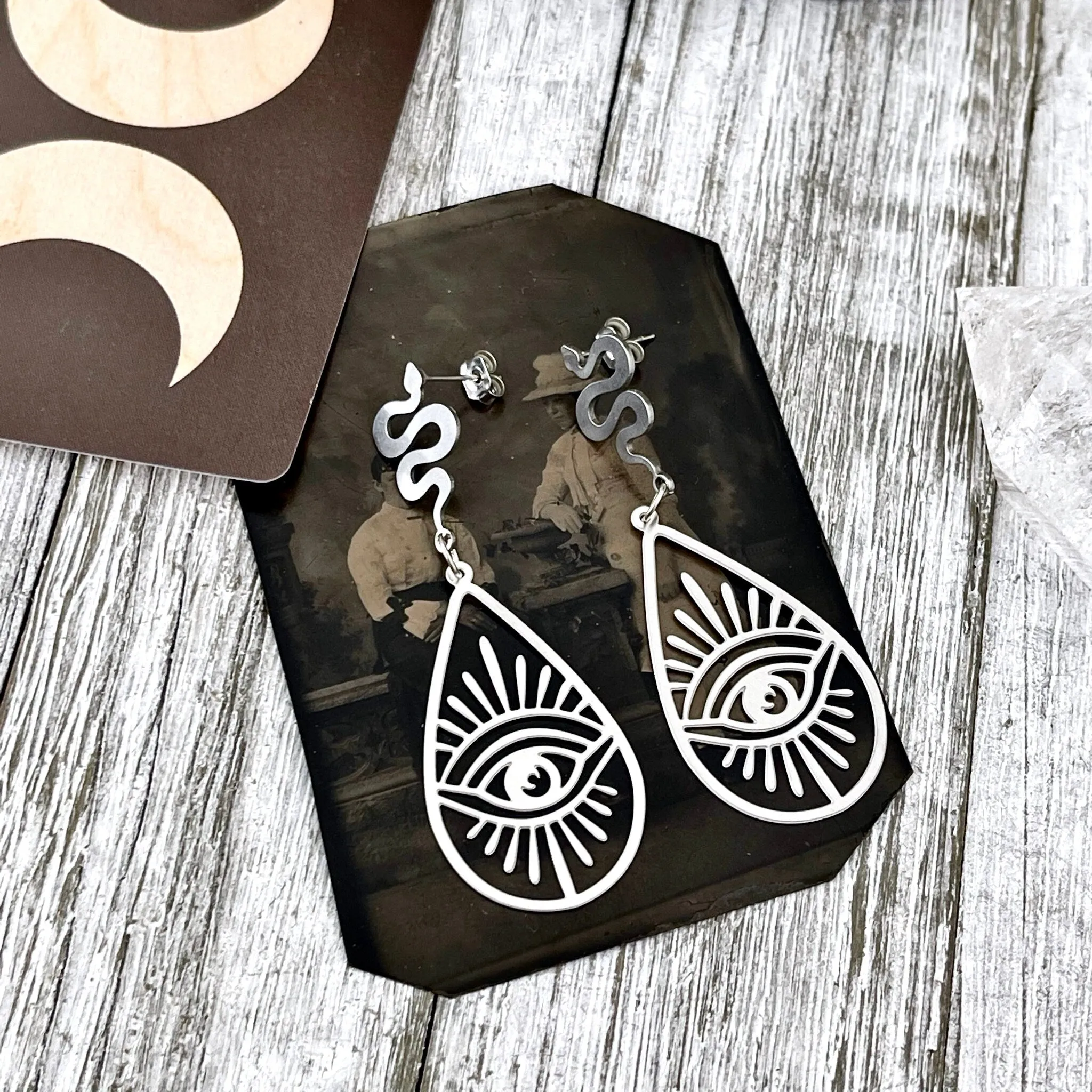 Snake and Geometric Eye Stainless Steel Earrings /  Cutout Earrings  - Long Dangly Geometric Earrings