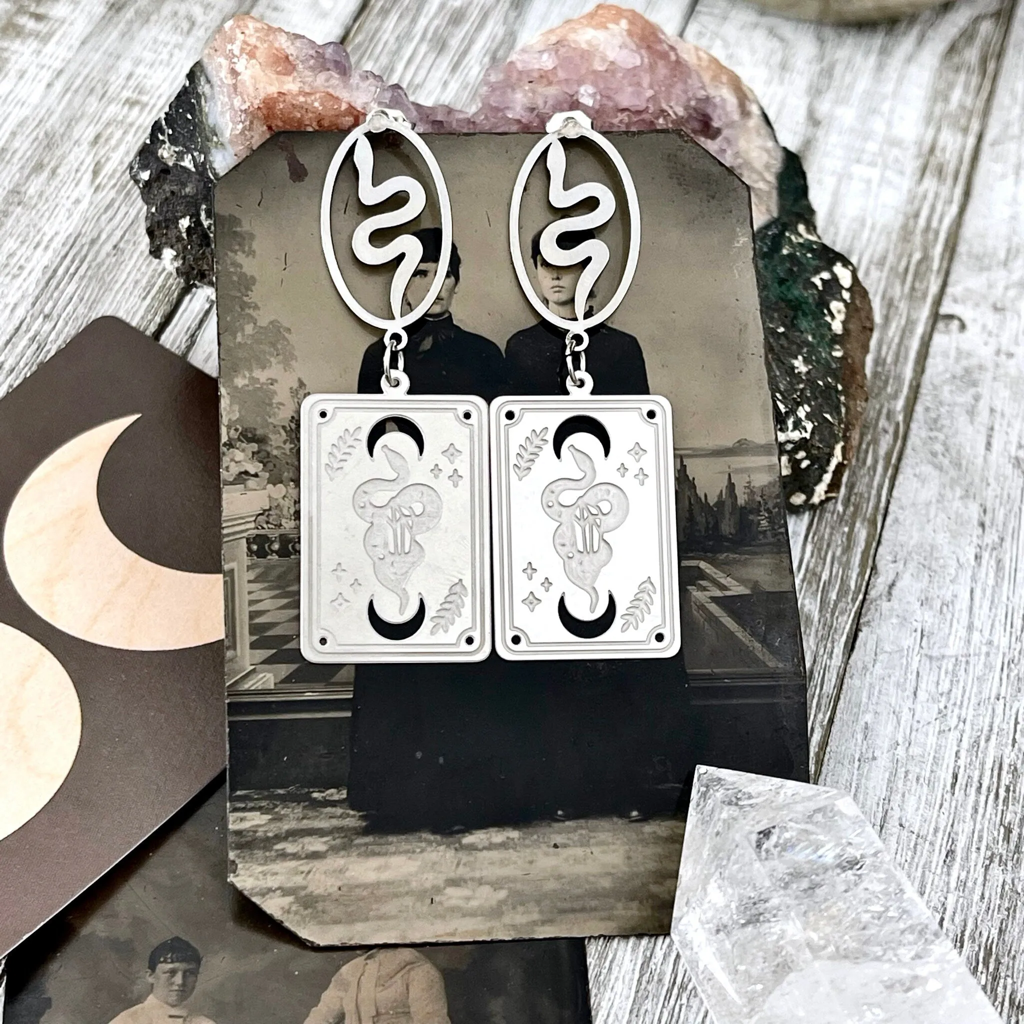 Snake and Tarot Card Stainless Steel Earrings /  Serpent Earrings  - Long Dangly Geometric Earrings