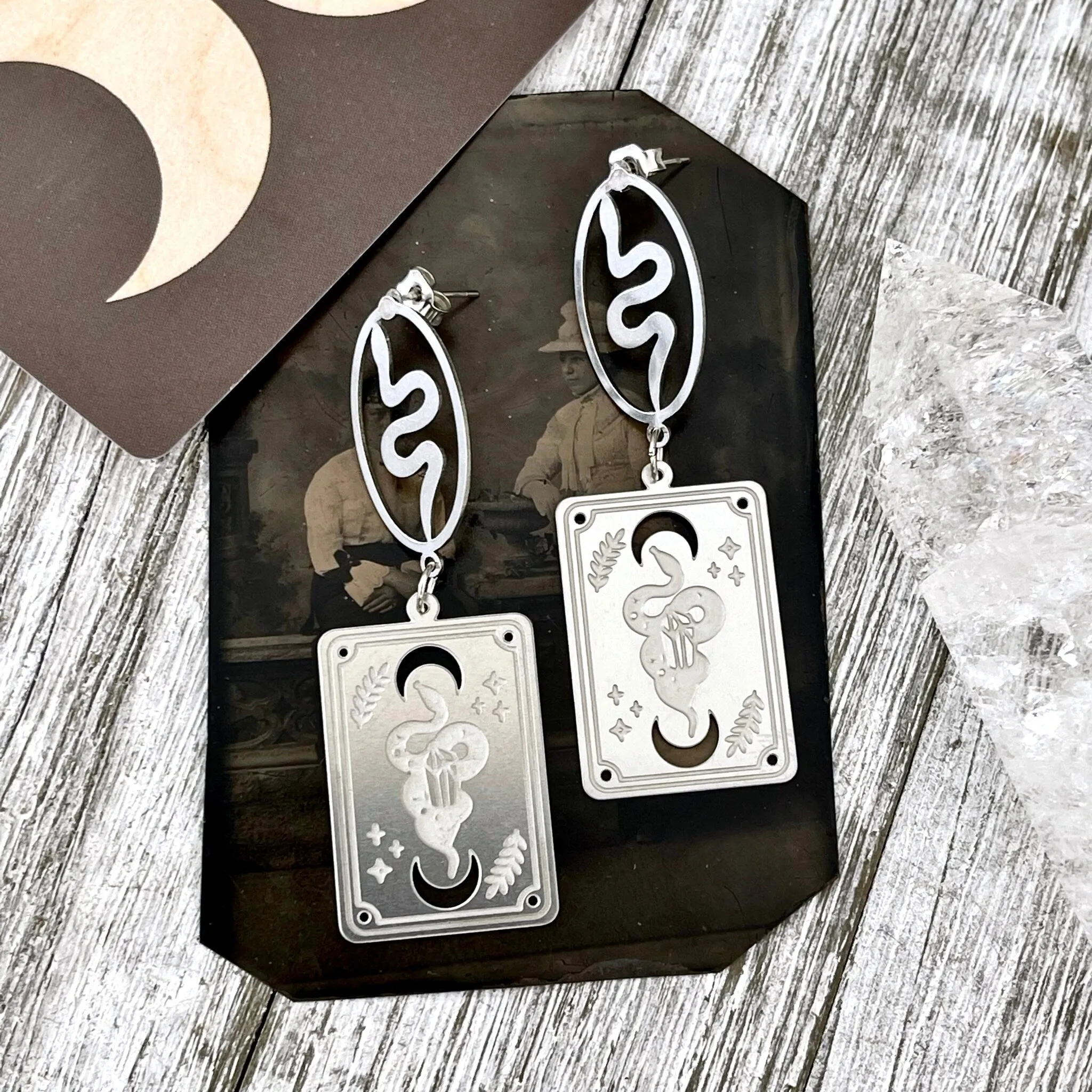 Snake and Tarot Card Stainless Steel Earrings /  Serpent Earrings  - Long Dangly Geometric Earrings