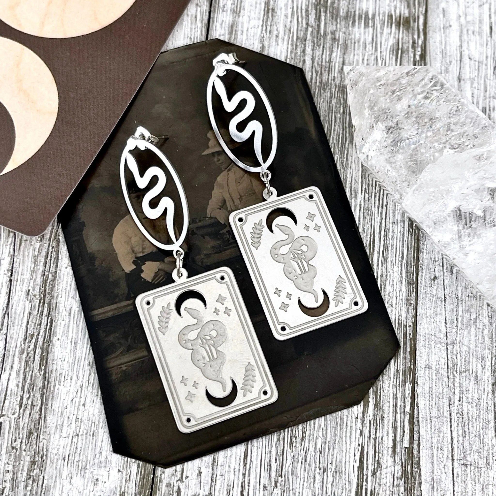 Snake and Tarot Card Stainless Steel Earrings /  Serpent Earrings  - Long Dangly Geometric Earrings