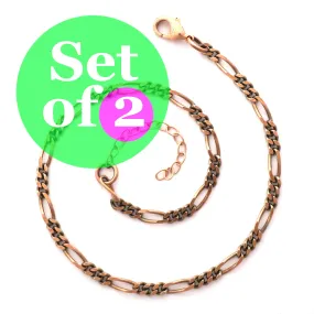 Solid Copper Anklet Set Fine Figaro Chain Anklet Bracelets AC41M Matching Set of 2 Solid Copper Anklet Chains