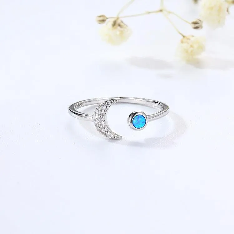 Sterling Silver Opal Crescent Moon and Star Ring Adjustable Moon Ring