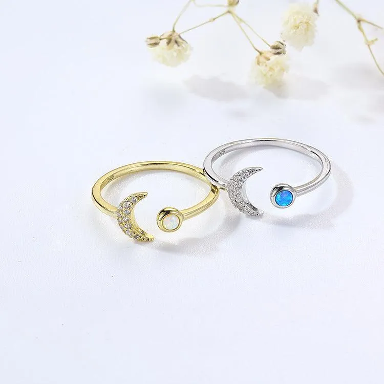 Sterling Silver Opal Crescent Moon and Star Ring Adjustable Moon Ring