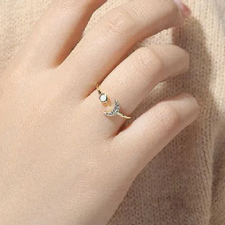 Sterling Silver Opal Crescent Moon and Star Ring Adjustable Moon Ring