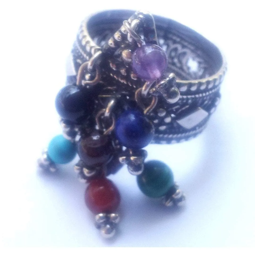 Sterling Silver Rings Made in Israel Filigree with Dangling Gemstones