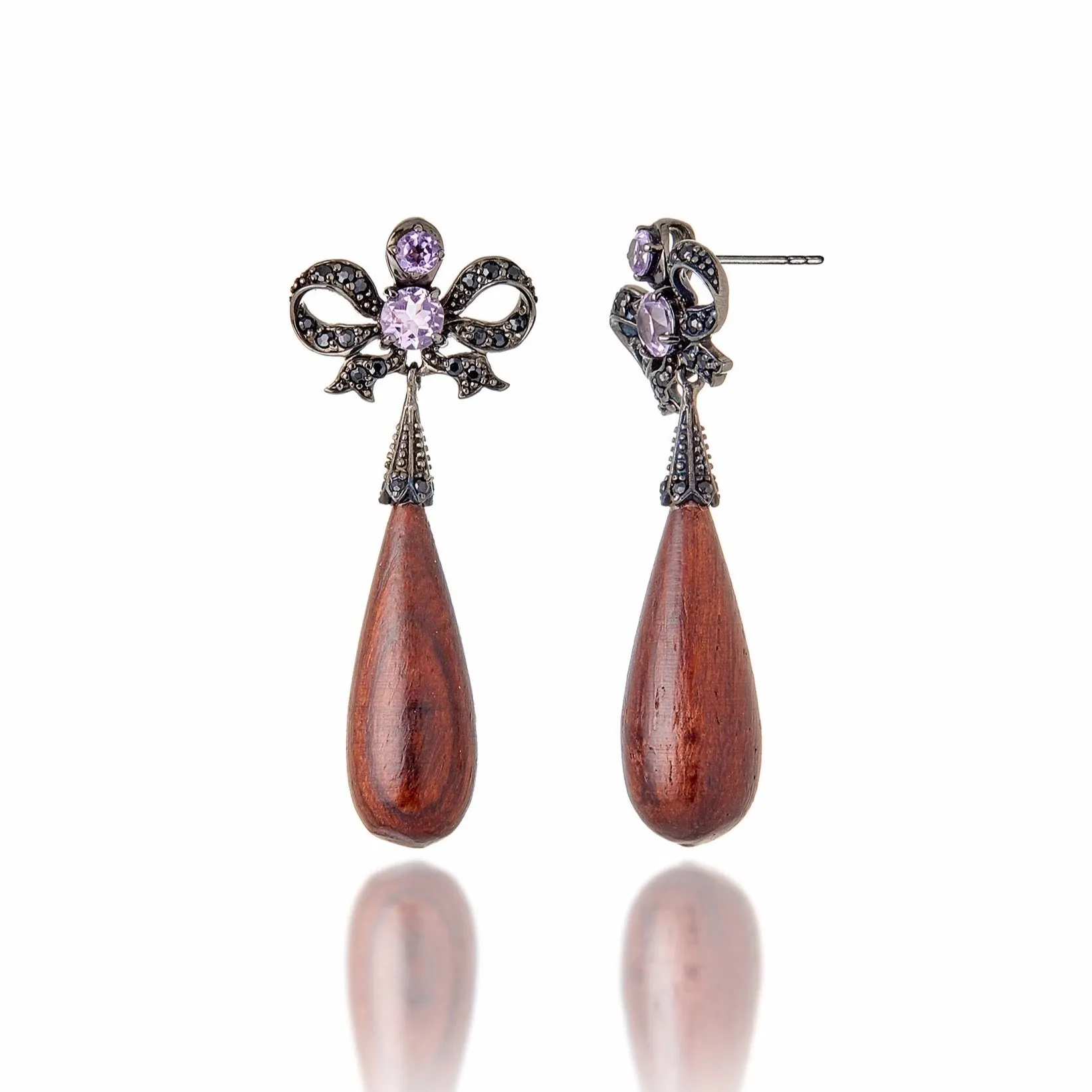 Sterling Silver Statement Earrings with Black Spinel, Amethyst & Wood