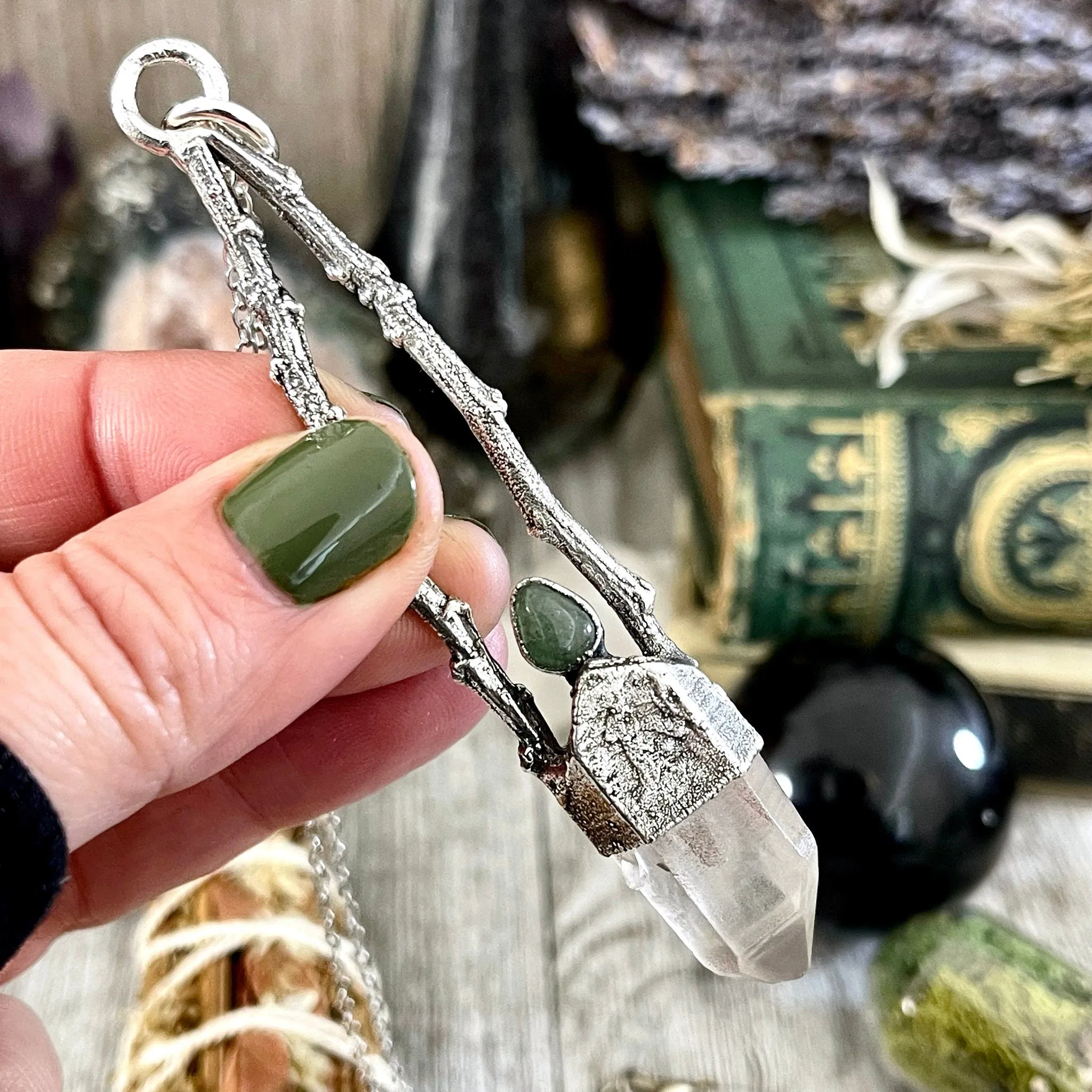 Sticks & Stones Collection- Raw Clear Quartz and Green Aventurine Necklace in Fine Silver /