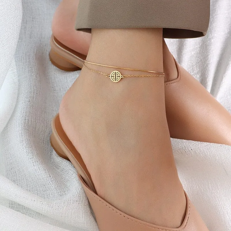 Summer Beach Ethnic Titanium Steel Double Layered Gold Plated Anklet