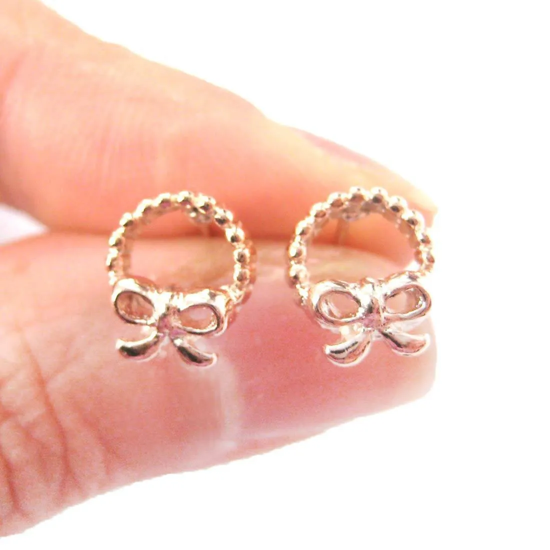 Tiny Classic Round Wreath and Bow Tie Shaped Stud Earrings in Rose Gold