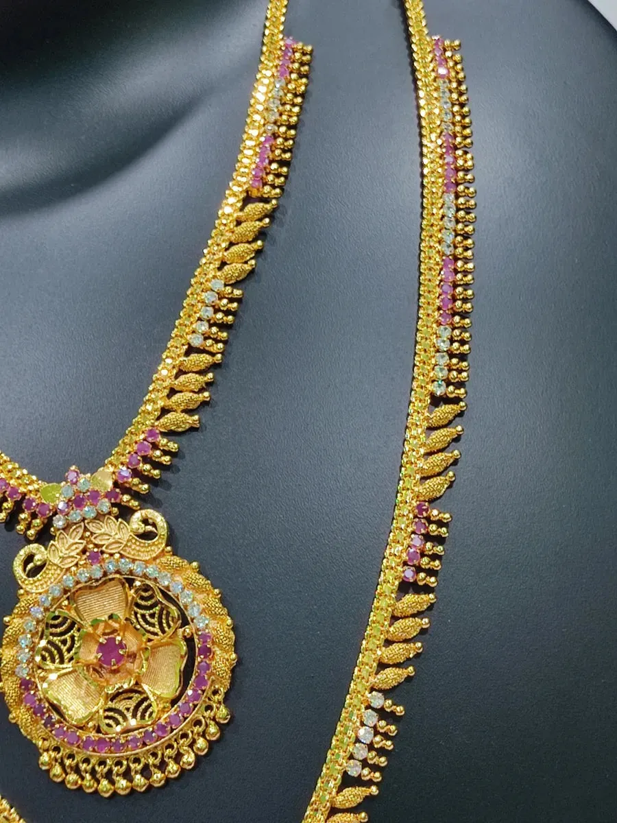 Traditional Gold Plated Beaded Ruby And White Stone Necklace Set