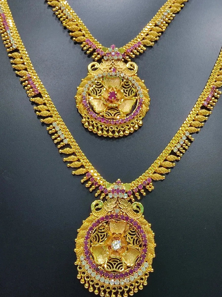 Traditional Gold Plated Beaded Ruby And White Stone Necklace Set