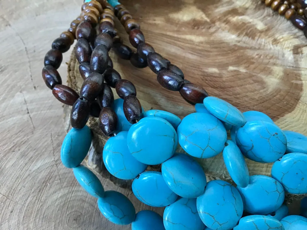 Turquoise & Wood 6 Strand Necklace