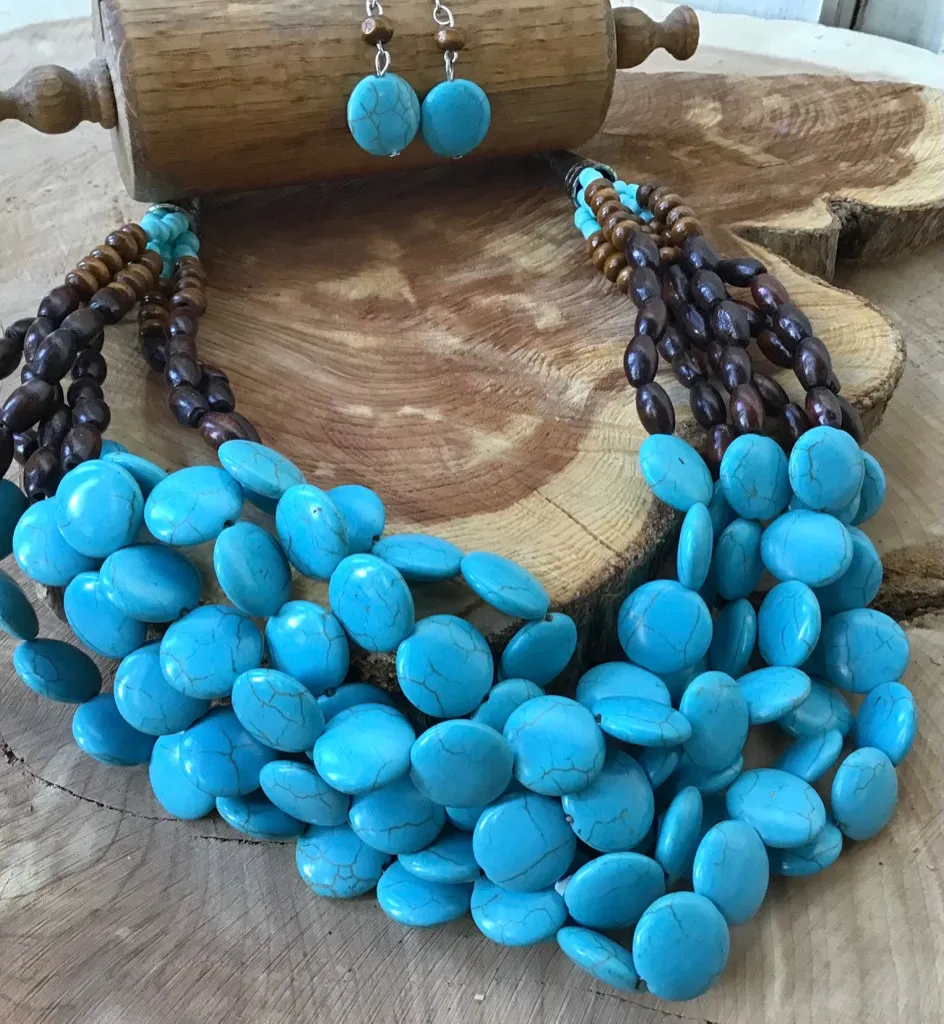 Turquoise & Wood 6 Strand Necklace