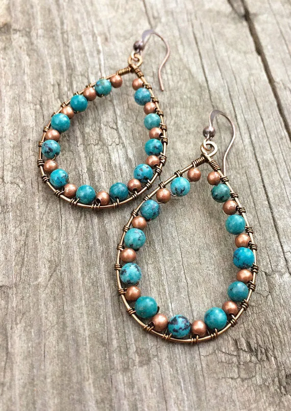 Turquoise earrings, turquoise jewelry, copper hoop earrings, teardrop earrings, boho jewelry, wire wrapped jewelry